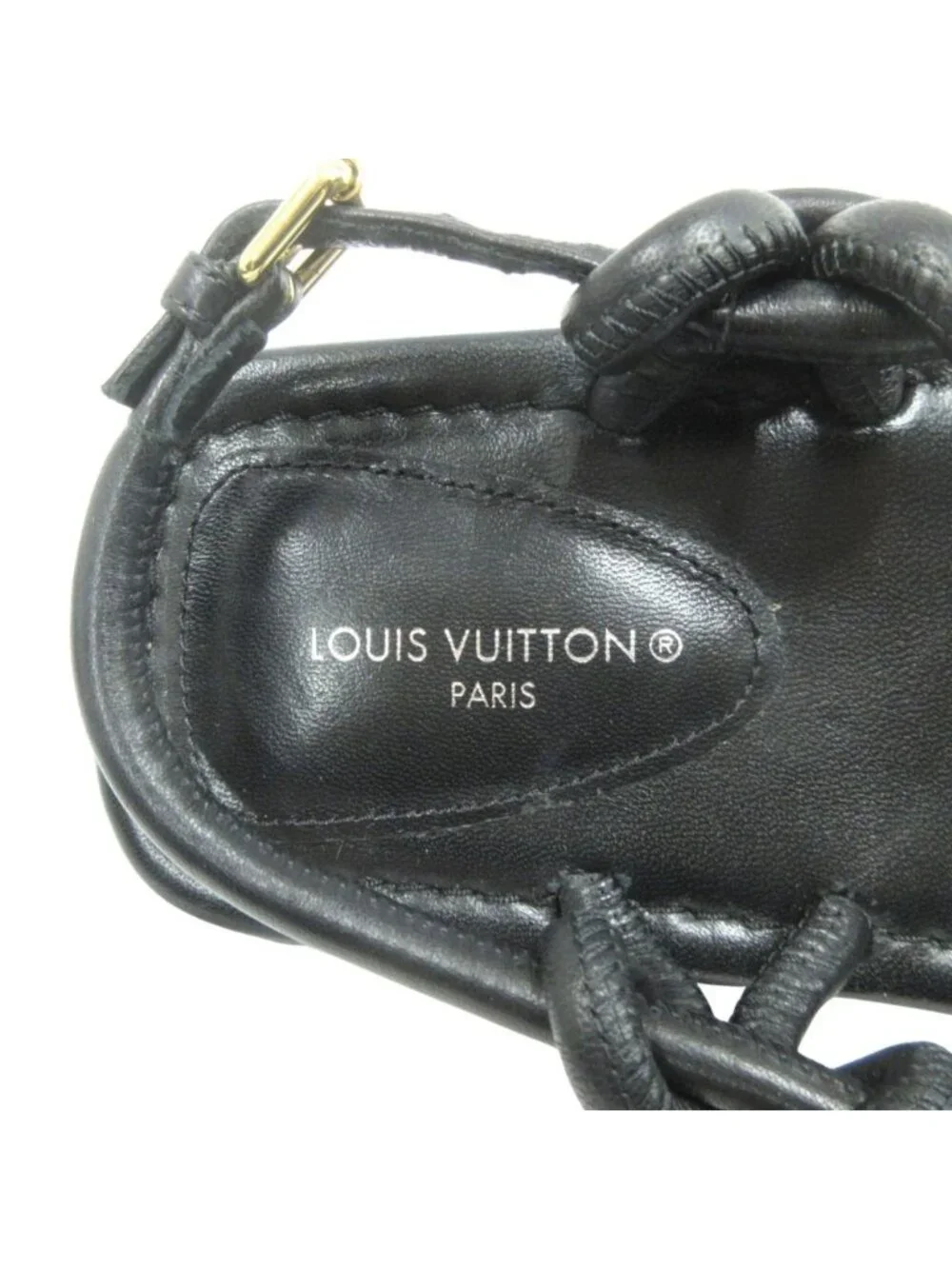 Louis Vuitton Logo Flat Strap Sandals Shoes Leather Gold 35.5 Black